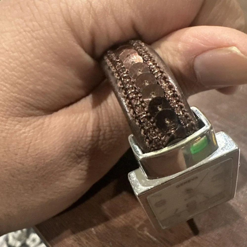 Working GENEVA Elite Watch Womens Silver Square 27mm Brown Fancy Cuff Band Fit 6